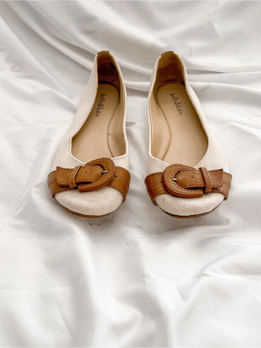 Kelly & Katie Cream Canvas Ballet Flats with Tan Buckle Size 8 1/2